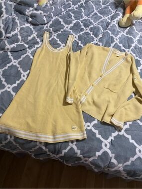 alo tennis club sweater set cardigan jacket dress yellow SZ S